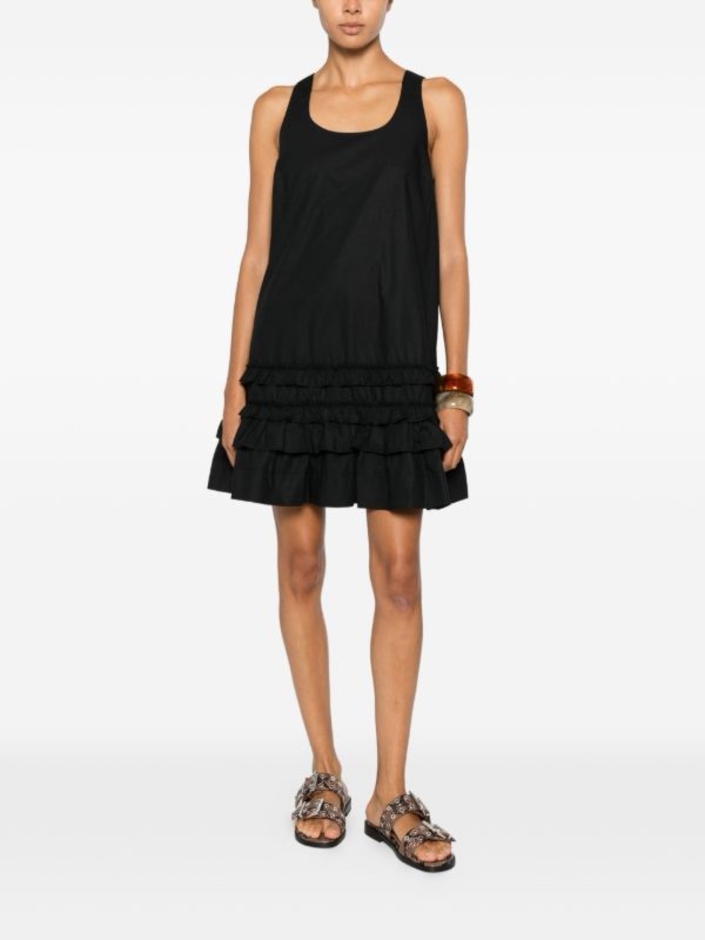 NWT Ganni Black U Neck Sleeveless Tiered-Ruffle Mini Dress